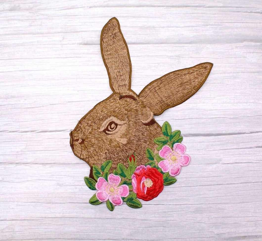 Rabbit Bunny Head & Flowers Embroidered Applique Patch