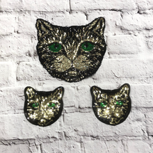 Load image into Gallery viewer, Gold And Silver Cat With Green Eyes Sequin Applique Patch
