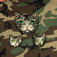 Load image into Gallery viewer, Gold And Silver Cat With Green Eyes Sequin Applique Patch
