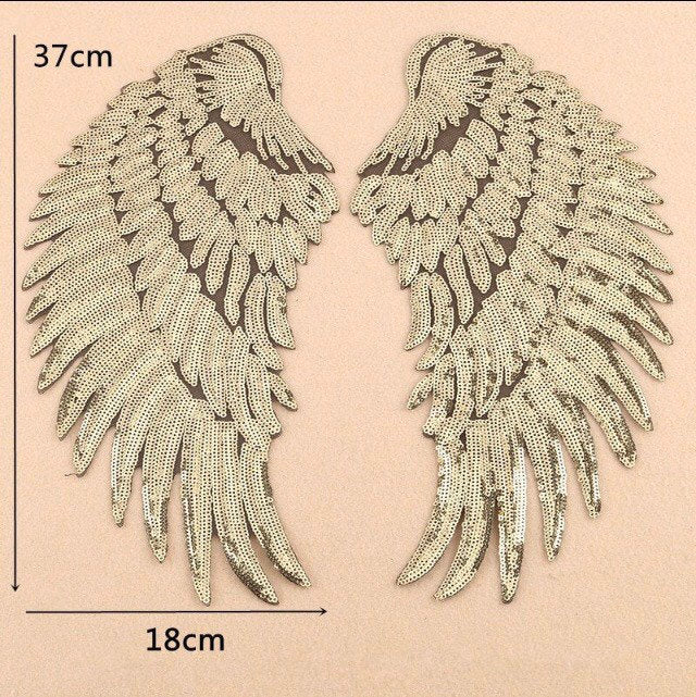 1 Pair of Iron on Silver Gold or Black Sequin Lace Appliques Angel Wings