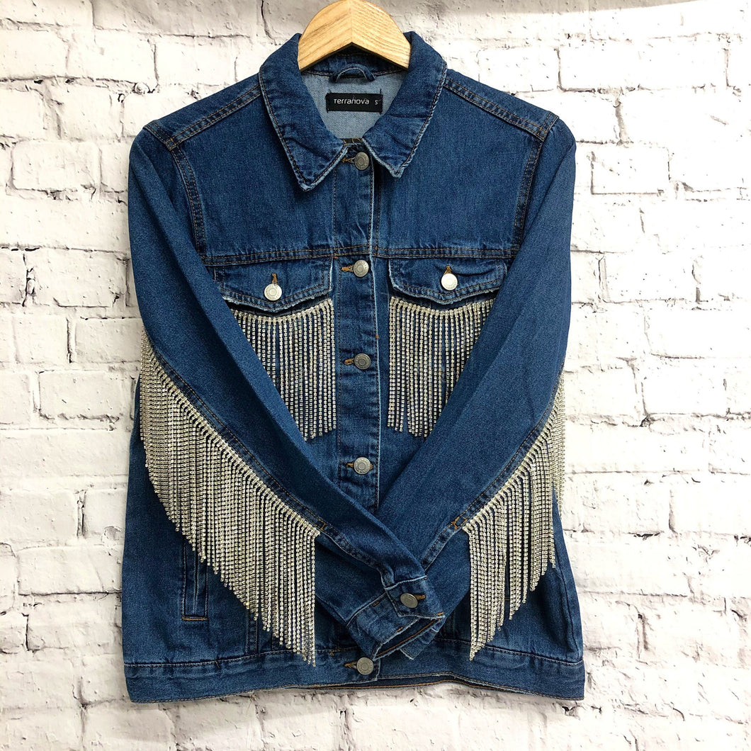 Crystal Fringe Denim Jacket Oversized