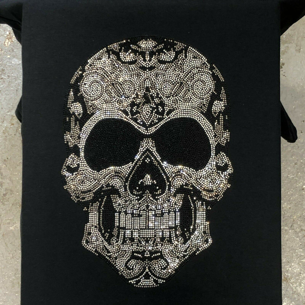 Skull  Rhinestone Iron On Transfer Black & Silver